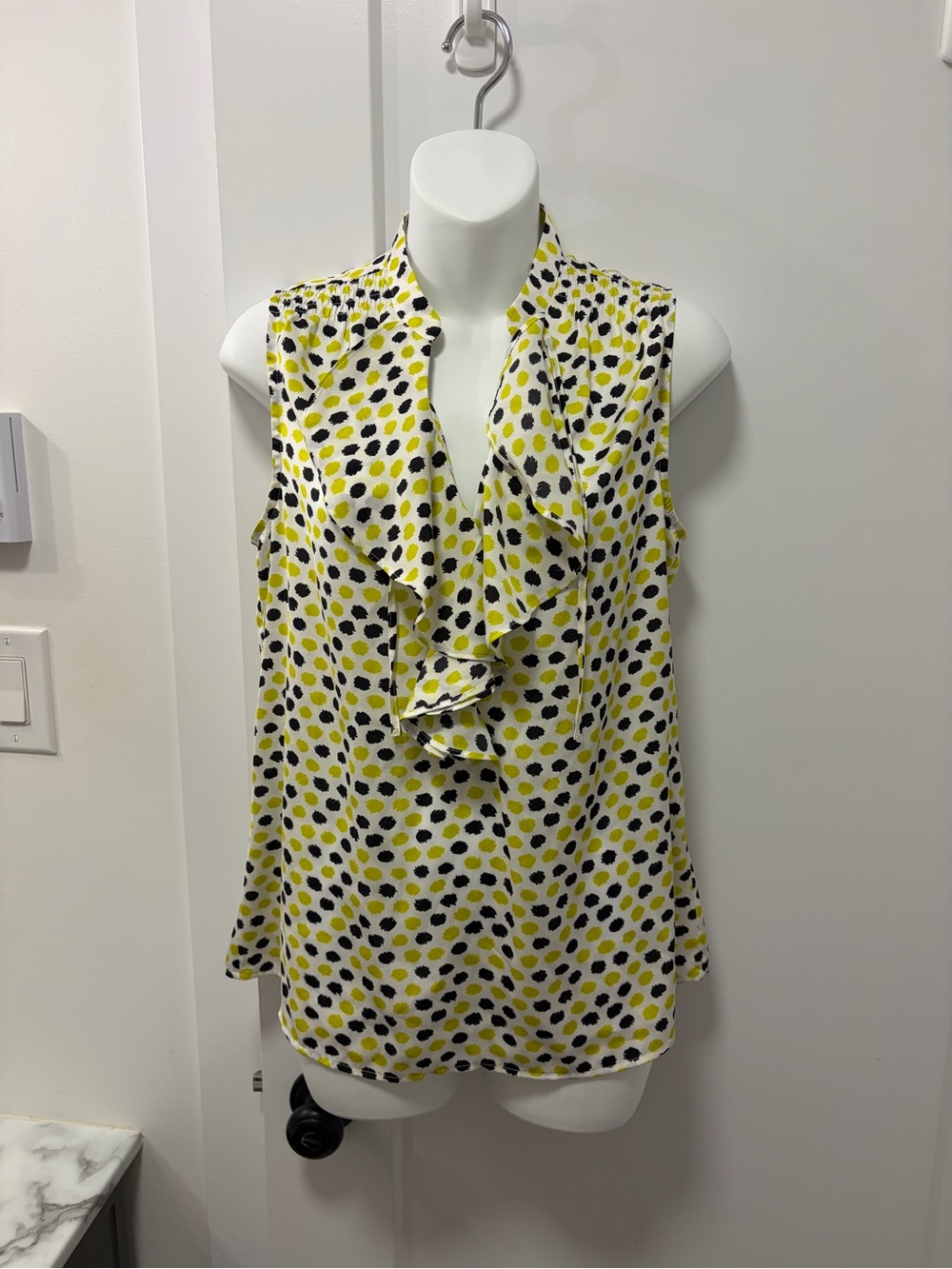 Ann Taylor Yellow, Black & White Polka Dot Ruffle Sleeveless Top